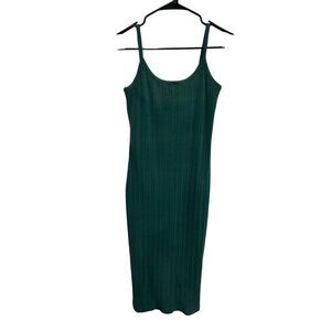 Tickets Green Ribbed Knit Scoop Neck Back Slit Midi Sleeveless Dress Chic Summer